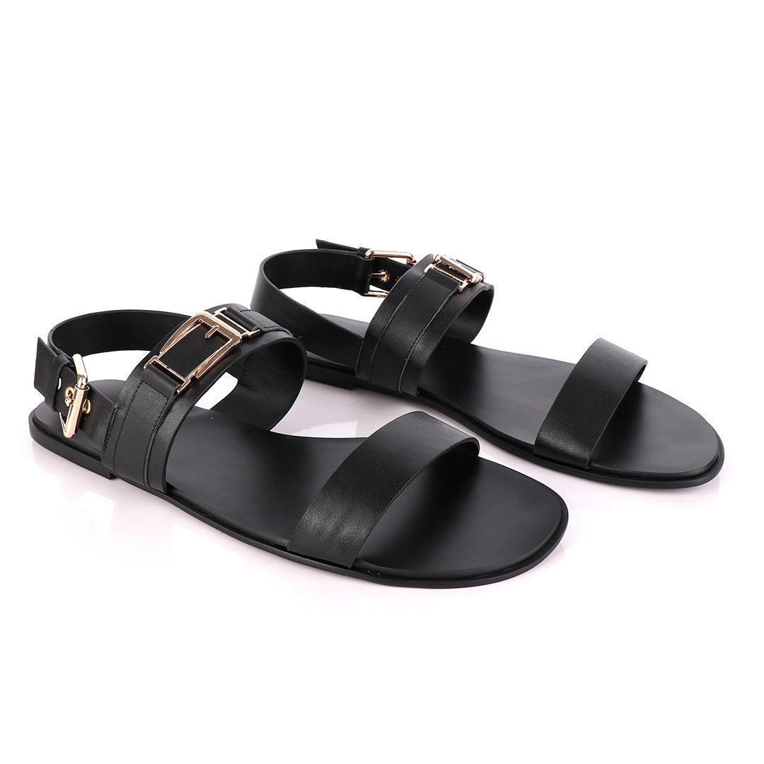 Giuseppe Zanotti Gold Buckle Black Leather Sandal - Obeezi