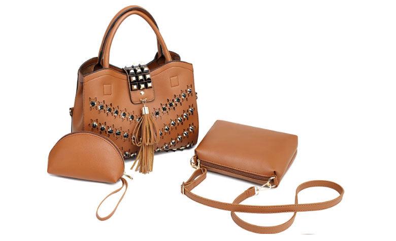 Golden metalic Design 3 in 1 woman Apricot Handbags - Obeezi.com