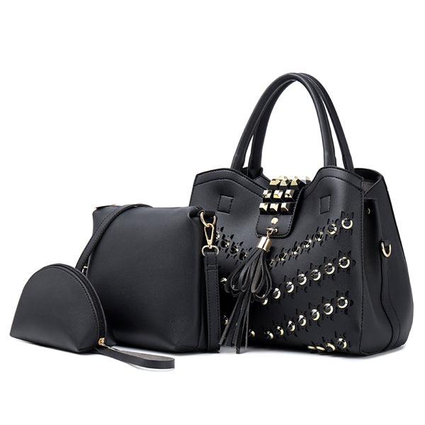 Golden metalic Design 3 in 1 woman Black Handbags - Obeezi.com