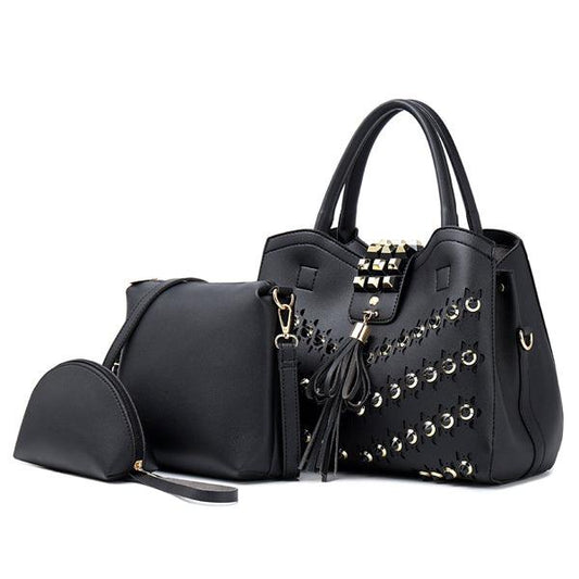 Golden metalic Design 3 in 1 woman Black Handbags - Obeezi.com