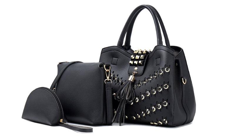 Golden metalic Design 3 in 1 woman Black Handbags - Obeezi.com