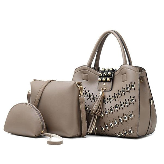 Golden metalic Design 3 in 1 woman Grey Handbags - Obeezi.com