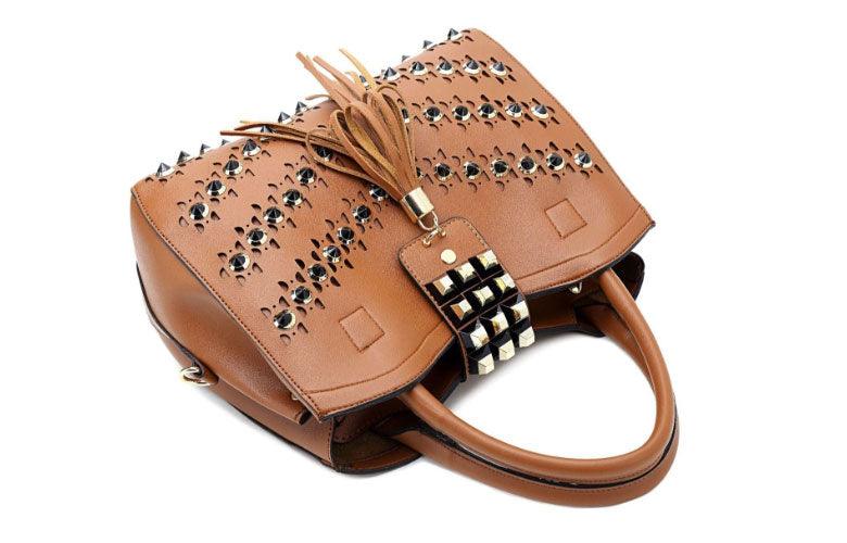 Golden metalic Design 3 in 1 woman Khaki Handbags - Obeezi.com