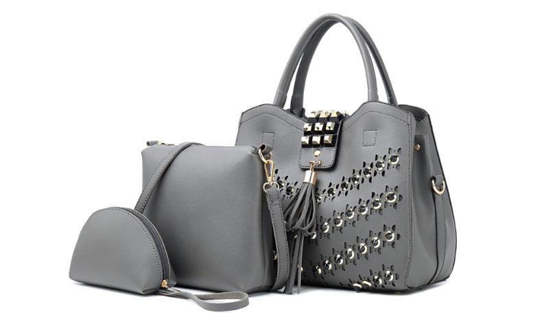 Golden metalic Design 3 in 1 woman Khaki Handbags - Obeezi.com