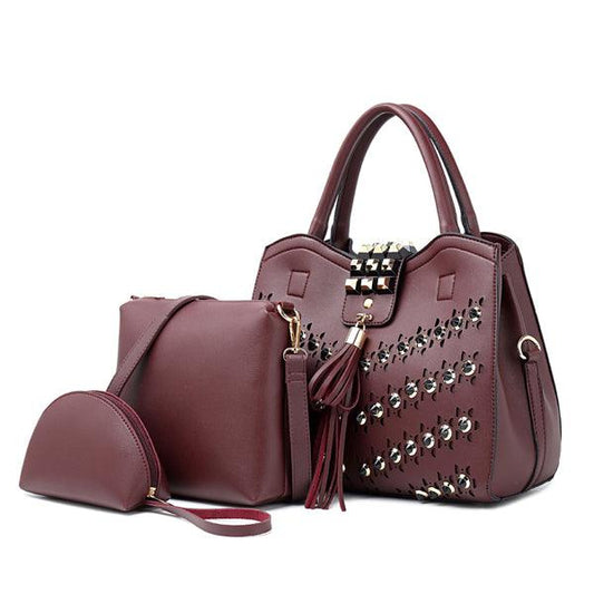 Golden metalic Design 3 in 1 woman Red Handbags - Obeezi.com