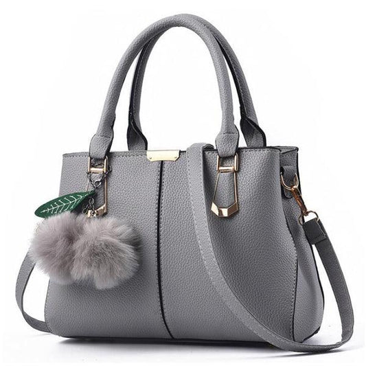 Grey Tote Grab Handbag With Faux Fur Charm - Obeezi.com