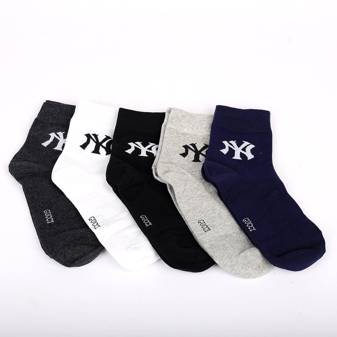 Guc 5 In 1 NY Logo Designed Cotton Grey, White, Black, Ash And Blue Socks - Obeezi.com