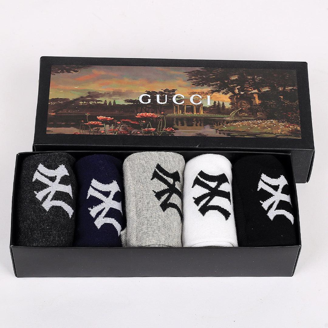 Guc 5 In 1 NY Logo Designed Cotton Grey, White, Black, Ash And Blue Socks - Obeezi.com