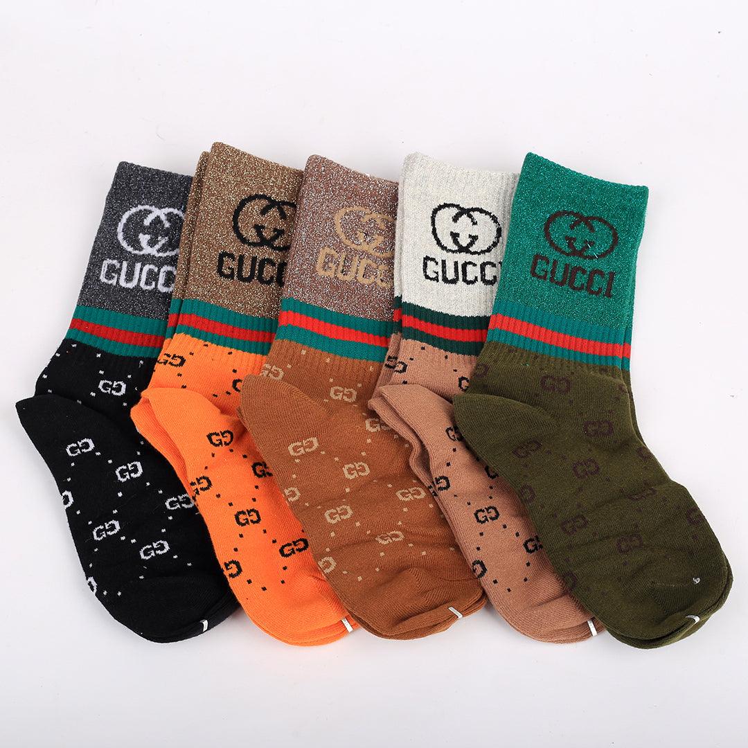 Guc Exquisite Logo Designed Cotton 5 In 1 Orange, Brown, Green And Black Socks - Obeezi.com