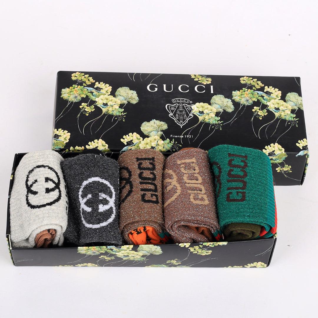 Guc Exquisite Logo Designed Cotton 5 In 1 Orange, Brown, Green And Black Socks - Obeezi.com