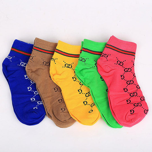 Guc GG Logo Designed 5 In 1 Cotton Pink, Green, Yellow, Brown And Blue Socks - Obeezi.com