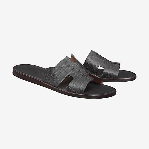 Hermes Izmir Men's Croc Leather Sandals Black - Obeezi