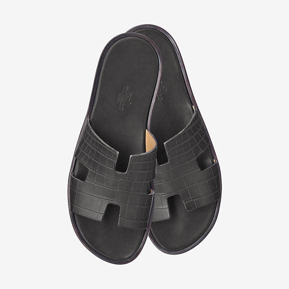 Hermes Izmir Men's Croc Leather Sandals Black - Obeezi