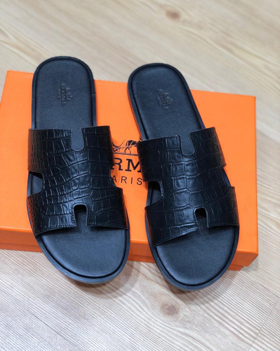 Hermes Izmir Men's Croc Leather Sandals Black - Obeezi