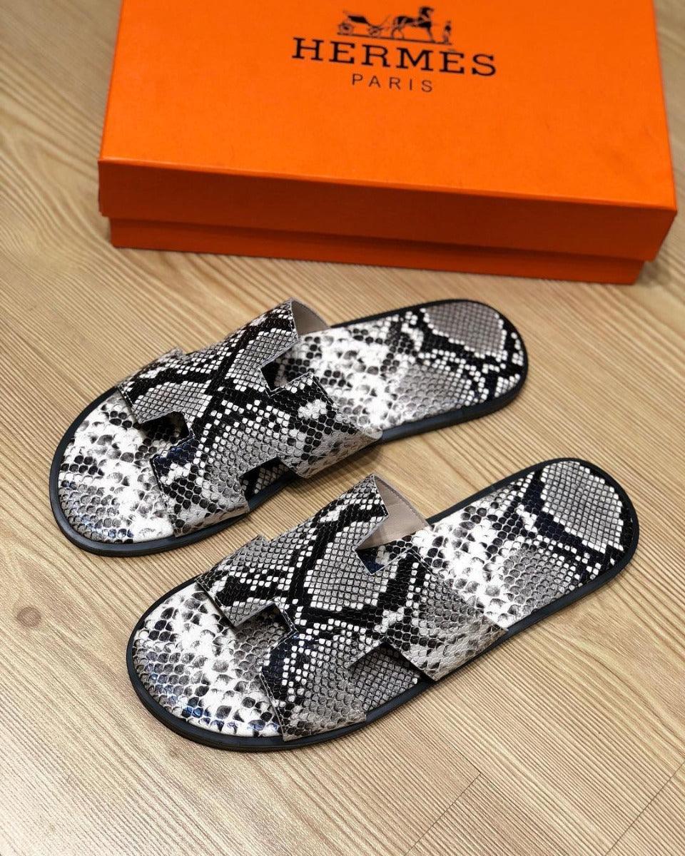 Hermes Izmir Men's Snake Skin Black Grey Leather Sandals - Obeezi