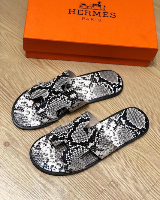 Hermes Izmir Men's Snake Skin Black Grey Leather Sandals - Obeezi