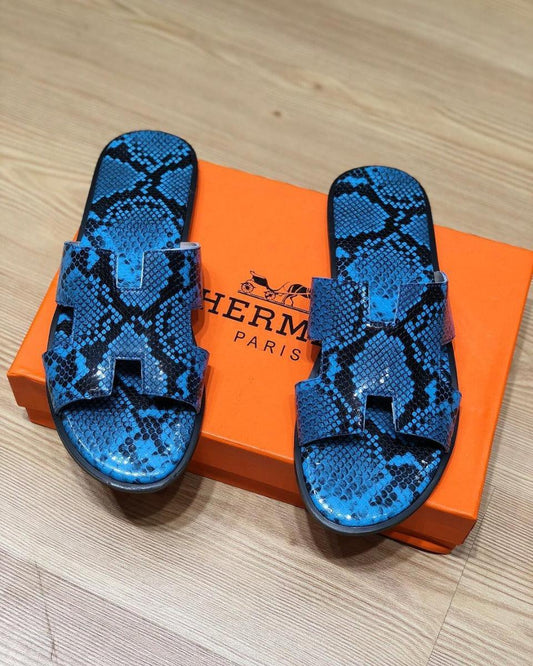 Hermes Izmir Men's Snake Skin Blue black Leather Sandals - Obeezi