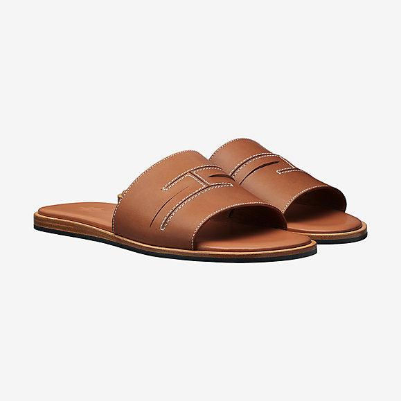 Hermes Izmir Pacific Men's Leather Sandals Brown Calfskin - Obeezi