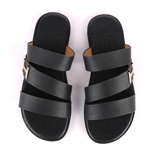 Hermes Paris 3 Strap With Logo Black Leather Slippers - Obeezi