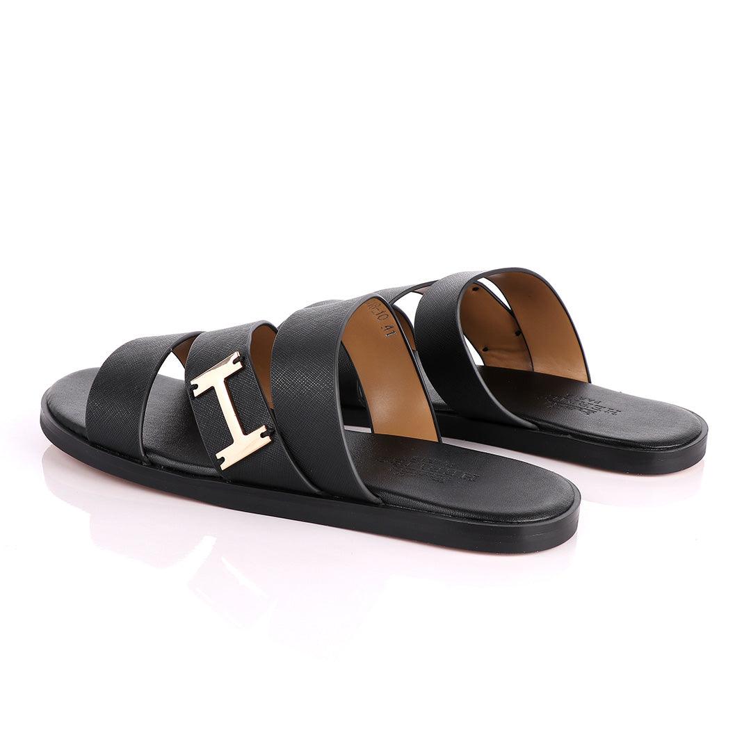 Hermes Paris 3 Strap With Logo Black Leather Slippers - Obeezi