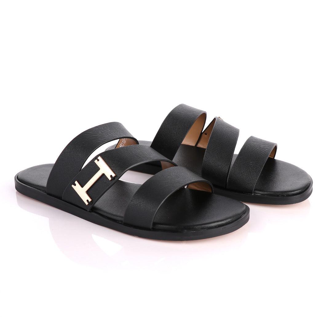 Hermes Paris 3 Strap With Logo Black Leather Slippers - Obeezi