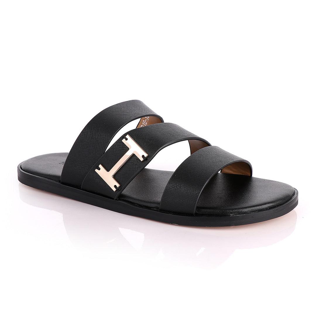 Hermes Paris 3 Strap With Logo Black Leather Slippers - Obeezi