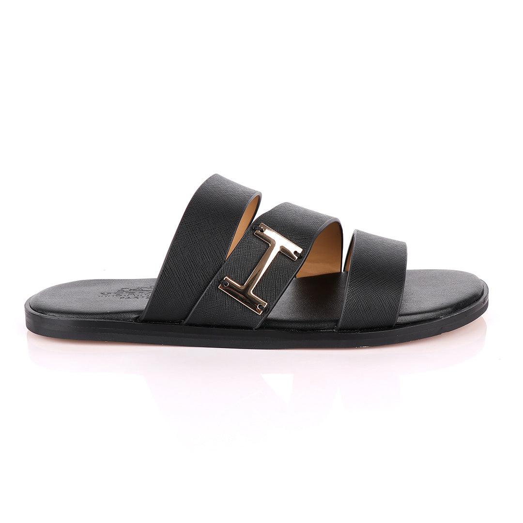 Hermes Paris 3 Strap With Logo Black Leather Slippers - Obeezi