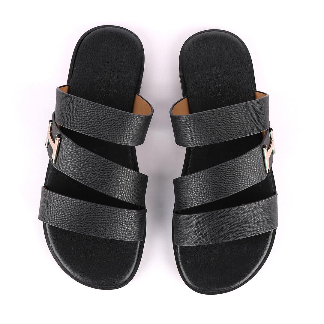 Hermes Paris 3 Strap With Logo Black Leather Slippers - Obeezi