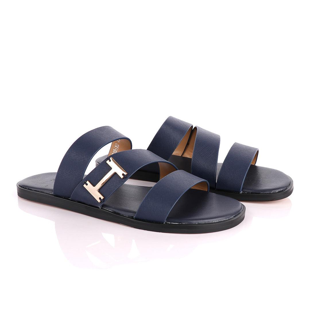 Hermes Paris 3 Strap With Logo Blue Leather Slippers - Obeezi