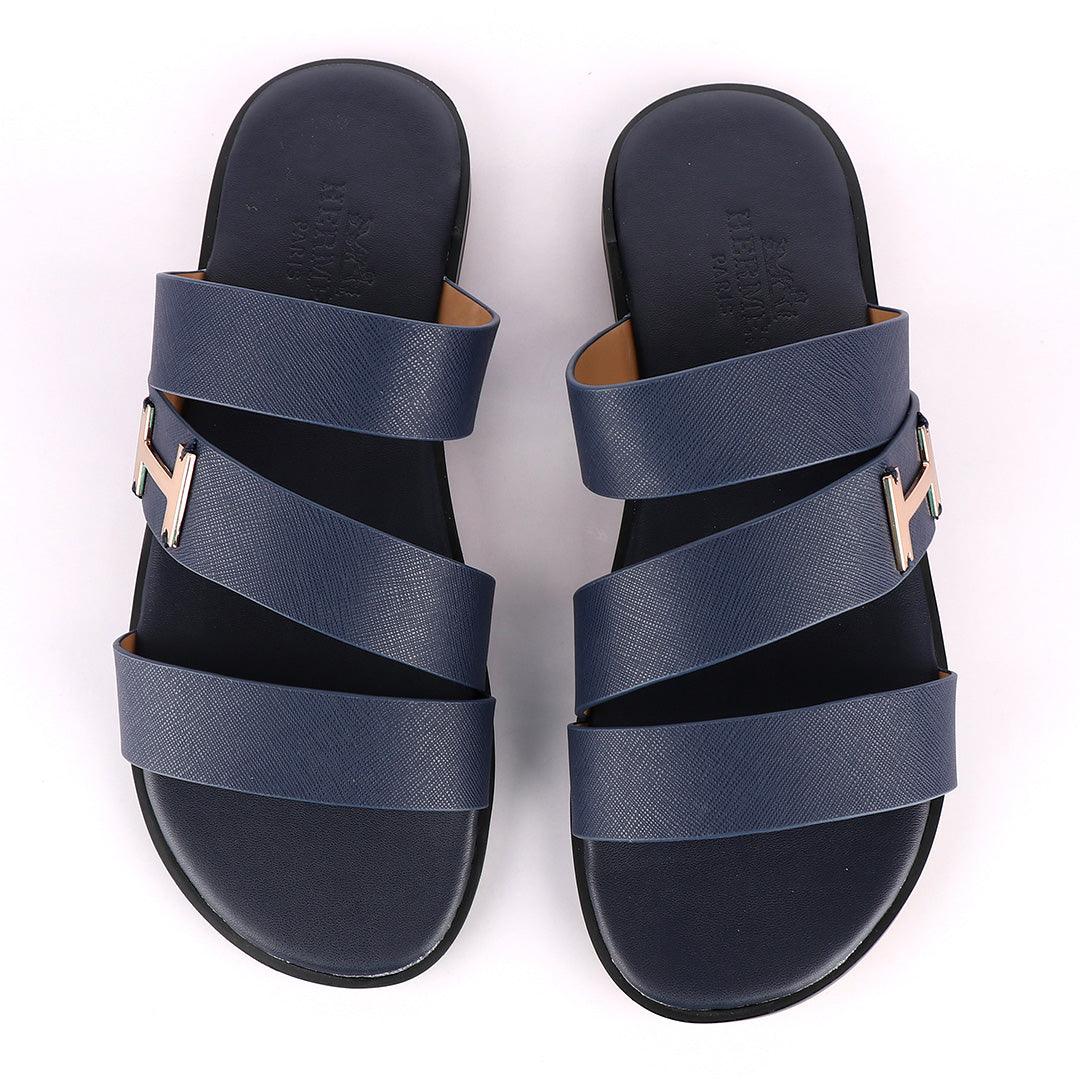 Hermes Paris 3 Strap With Logo Blue Leather Slippers - Obeezi