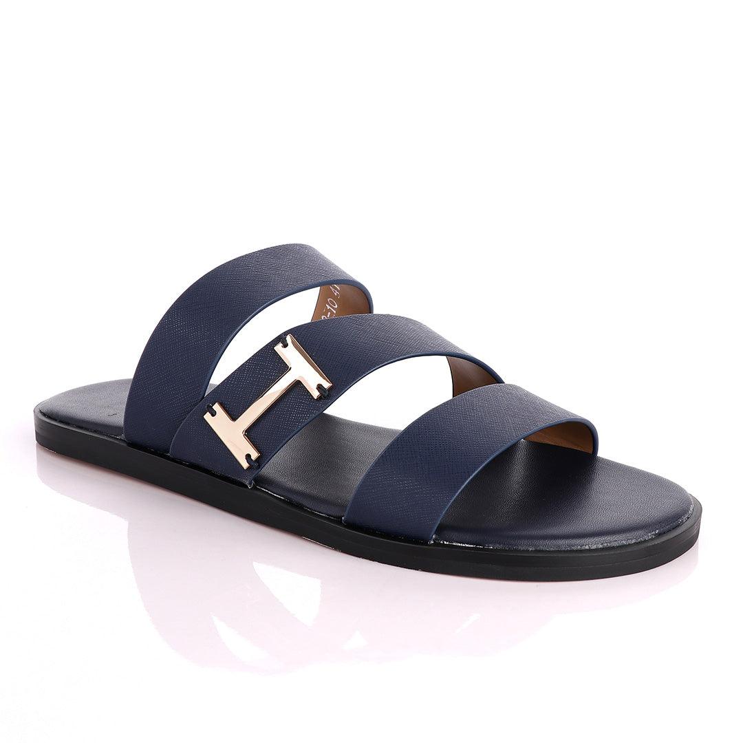 Hermes Paris 3 Strap With Logo Blue Leather Slippers - Obeezi