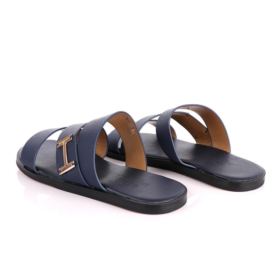 Hermes Paris 3 Strap With Logo Blue Leather Slippers - Obeezi