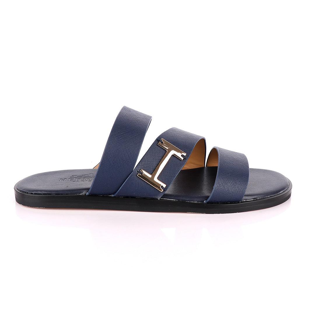 Hermes Paris 3 Strap With Logo Blue Leather Slippers - Obeezi