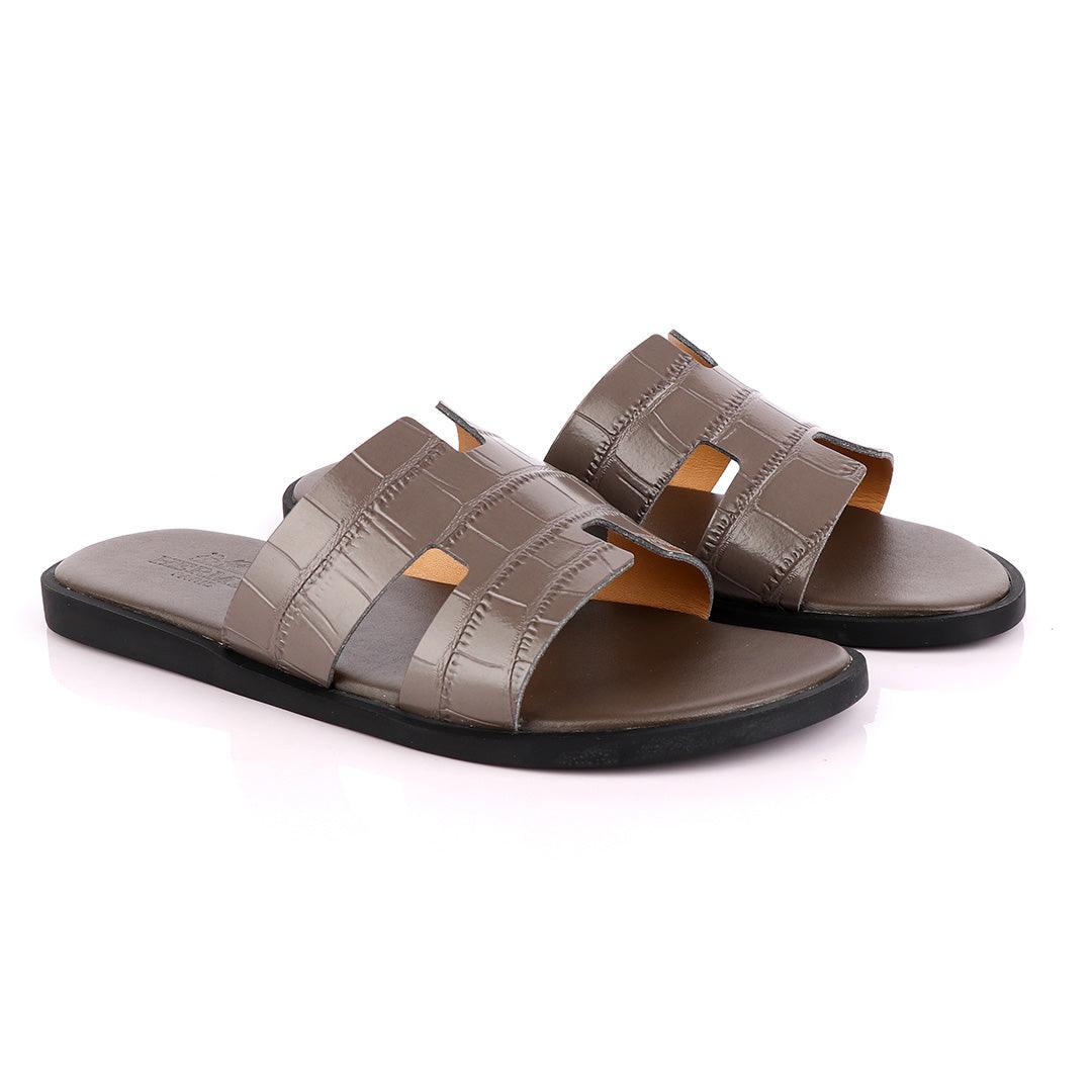 Hermes Paris Ash Croc Patterned Leather Slippers. - Obeezi