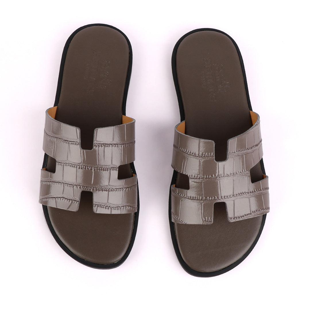Hermes Paris Ash Croc Patterned Leather Slippers. - Obeezi
