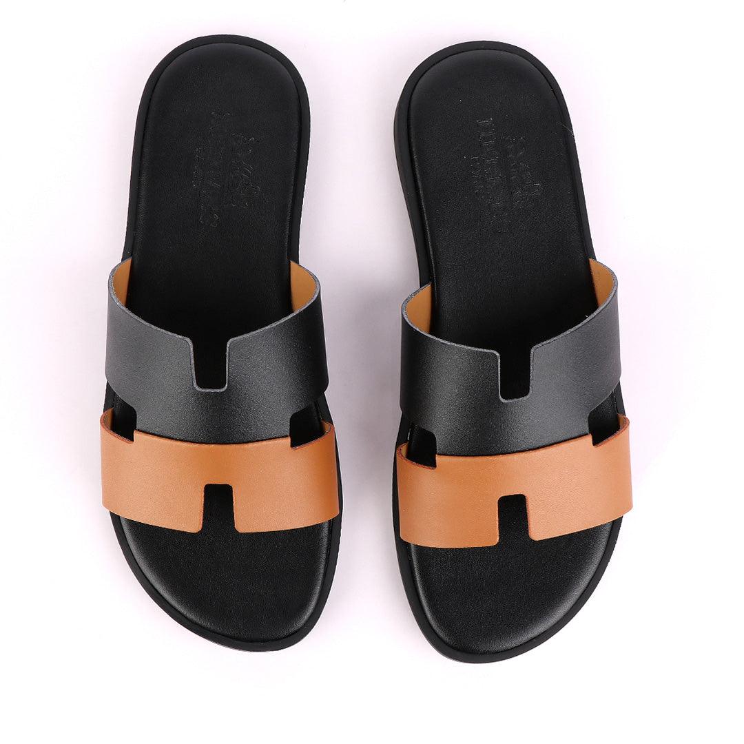 Hermes Paris Black and Brown Leather Slippers - Obeezi