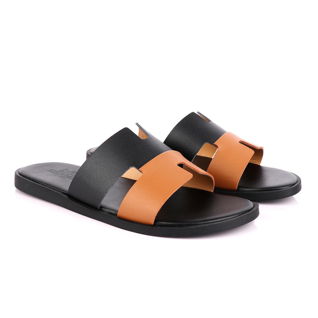 Hermes Paris Black and Brown Leather Slippers - Obeezi