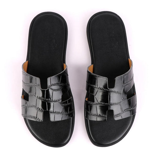 Hermes Paris Black Croc Patterned Leather Slippers. - Obeezi