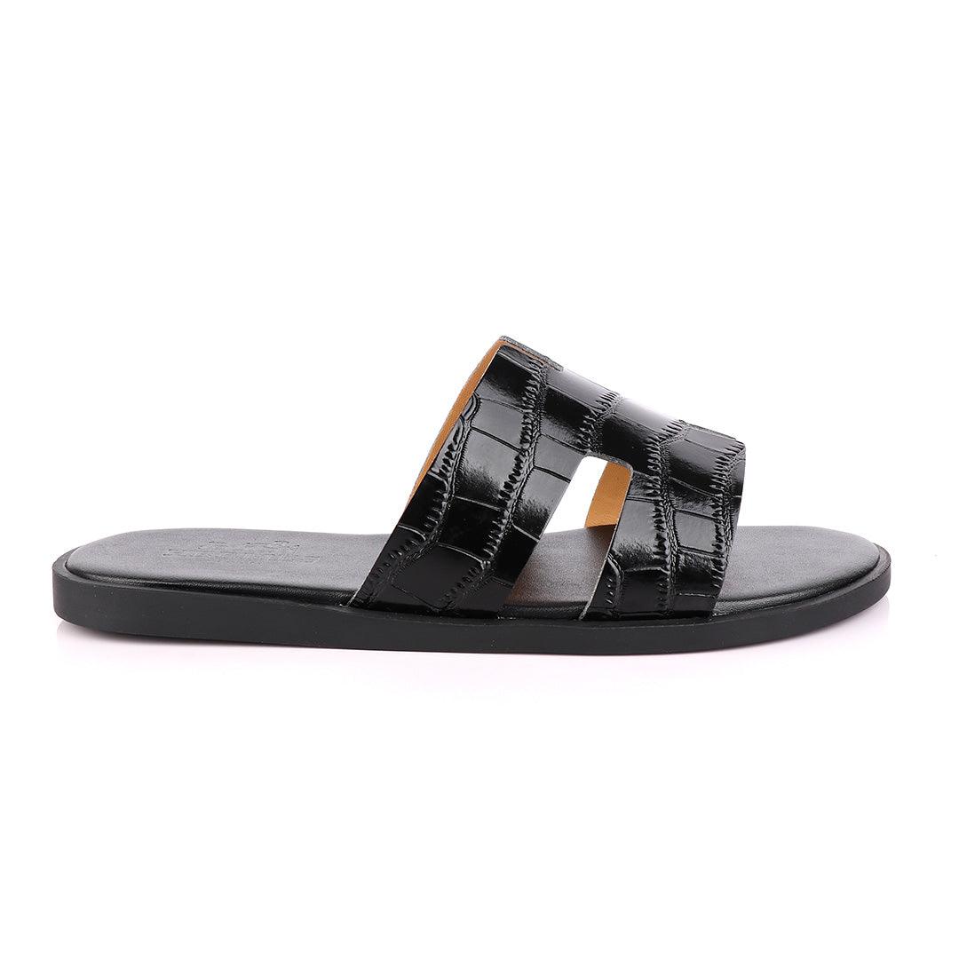 Hermes Paris Black Croc Patterned Leather Slippers. - Obeezi