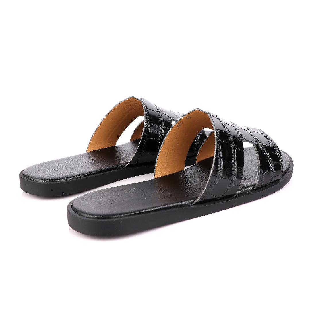 Hermes Paris Black Croc Patterned Leather Slippers. - Obeezi