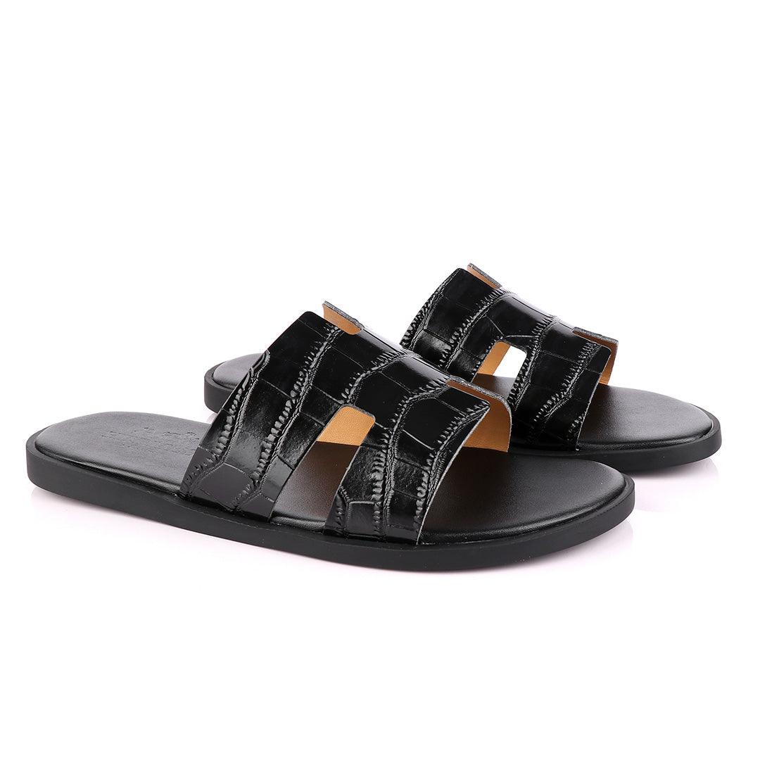 Hermes Paris Black Croc Patterned Leather Slippers. - Obeezi
