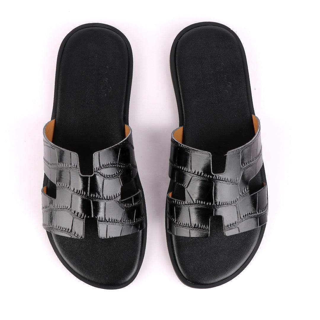 Hermes Paris Black Croc Patterned Leather Slippers. - Obeezi