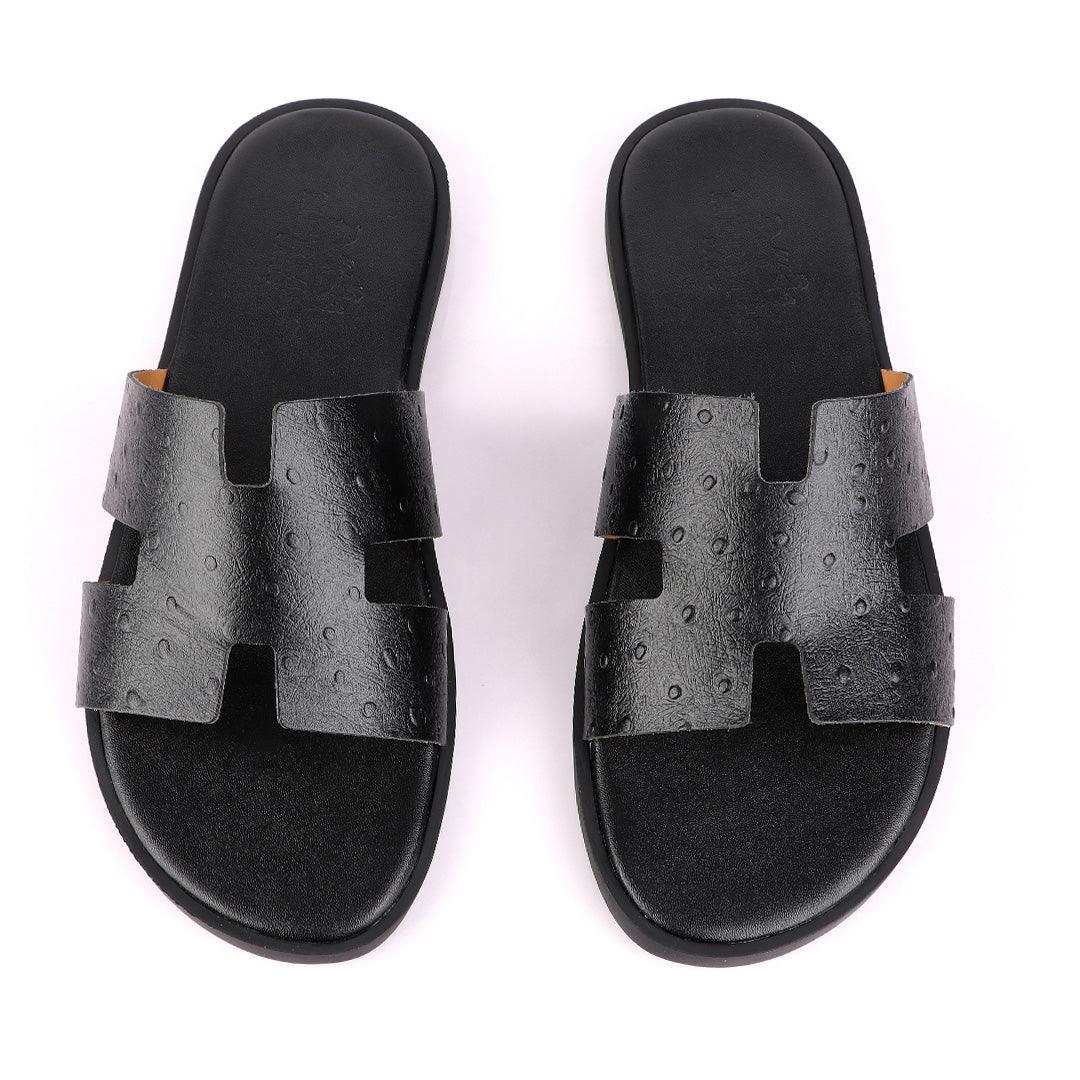 Hermes Paris Black Croc Skin Leather Slippers. - Obeezi