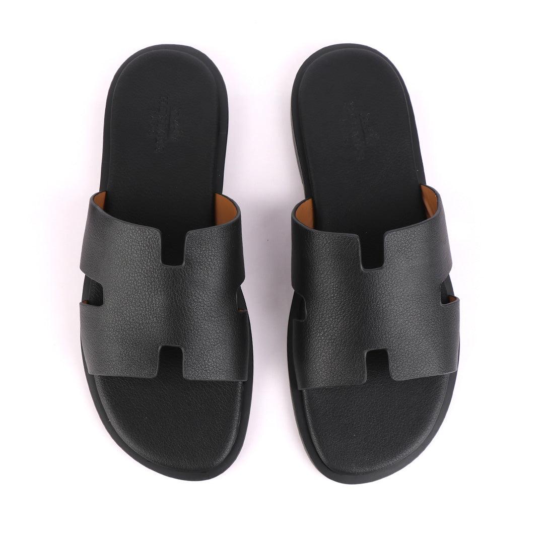 Hermes Paris Black Leather Slippers. - Obeezi
