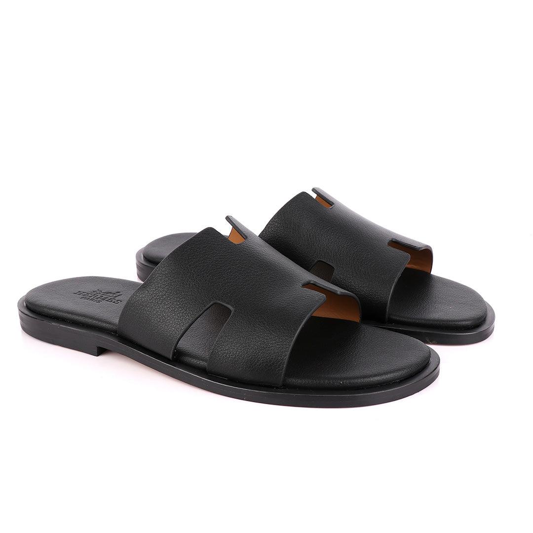 Hermes Paris Black Leather Slippers. - Obeezi