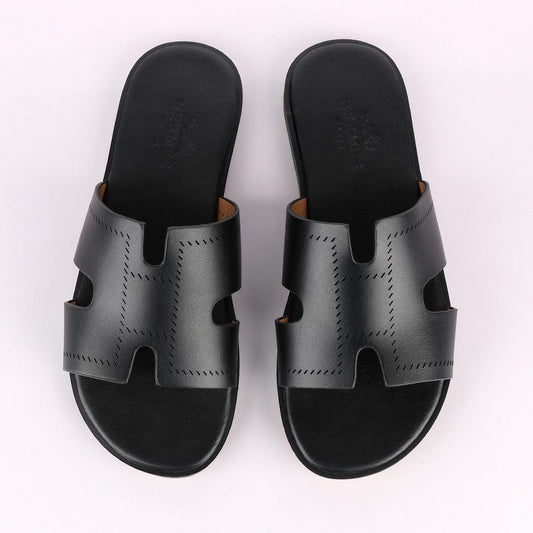 Hermes Paris Black Pattern Design Black Leather Slippers - Obeezi