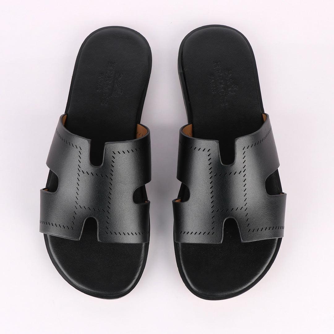 Hermes Paris Black Pattern Design Black Leather Slippers - Obeezi