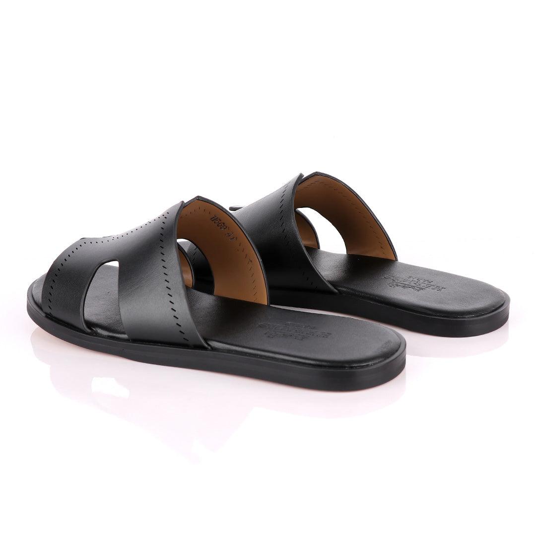 Hermes Paris Black Pattern Design Black Leather Slippers - Obeezi