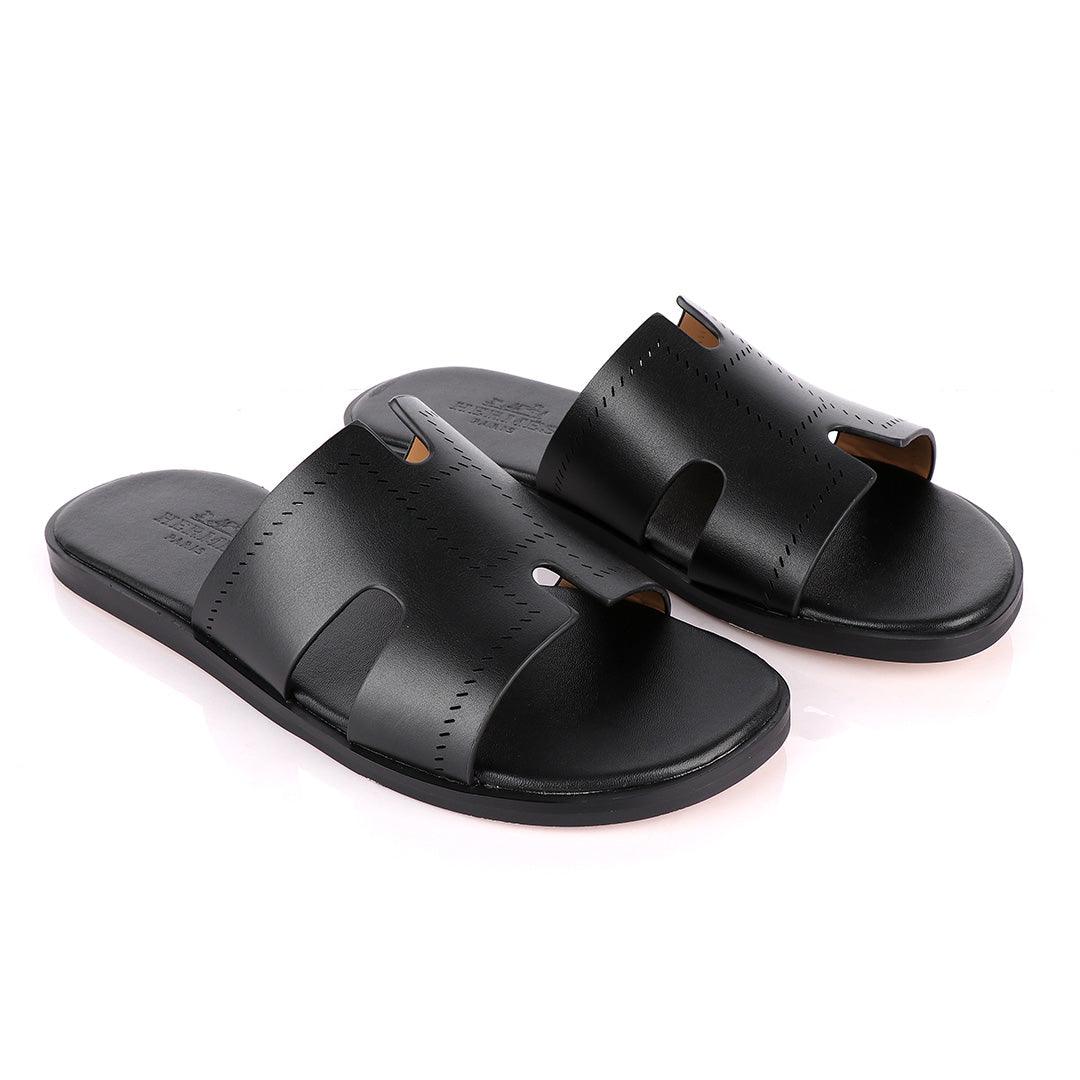 Hermes Paris Black Pattern Design Black Leather Slippers - Obeezi