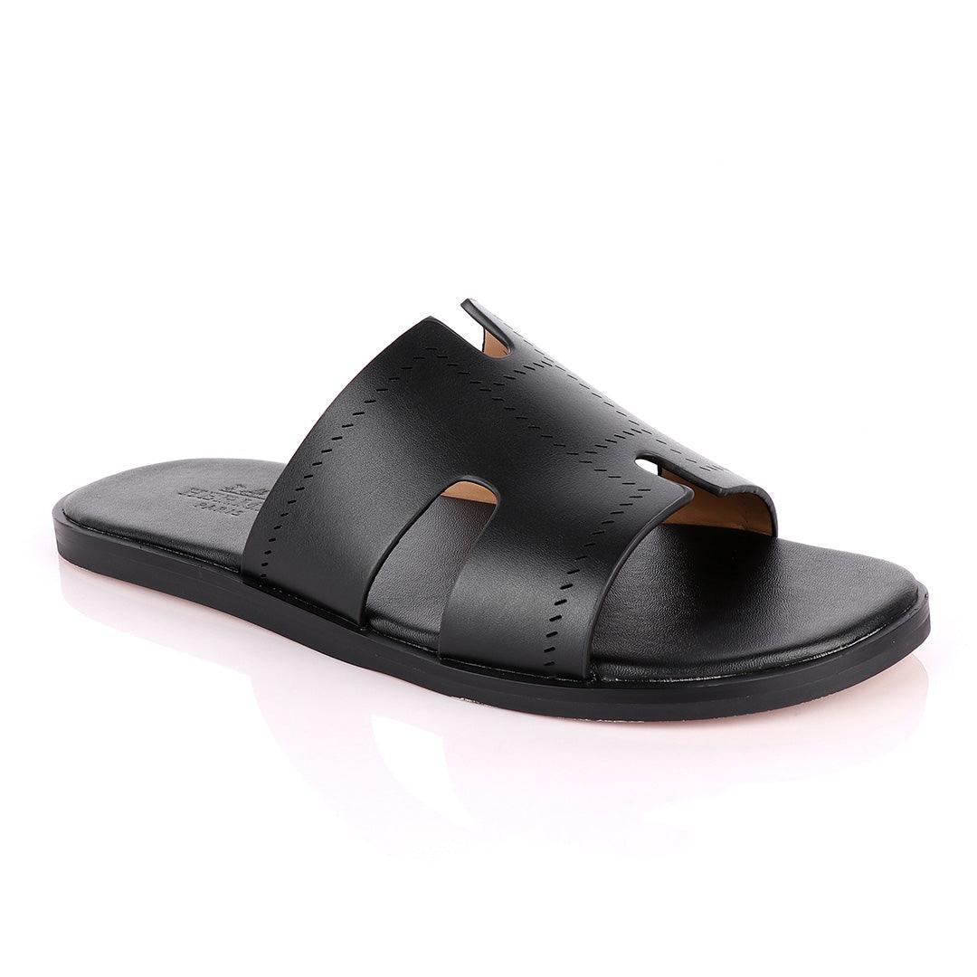 Hermes Paris Black Pattern Design Black Leather Slippers - Obeezi